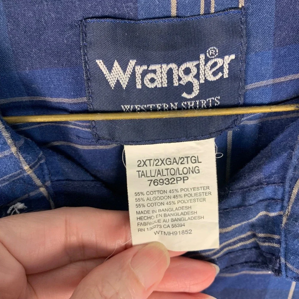Lot of 2 Wrangler‎ 2XLT Tall Pearl Snap Western Shirts Blue Plaid Short Sleeves